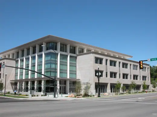 The glass and stone exterior of the Church History Library in downtown Salt Lake City.