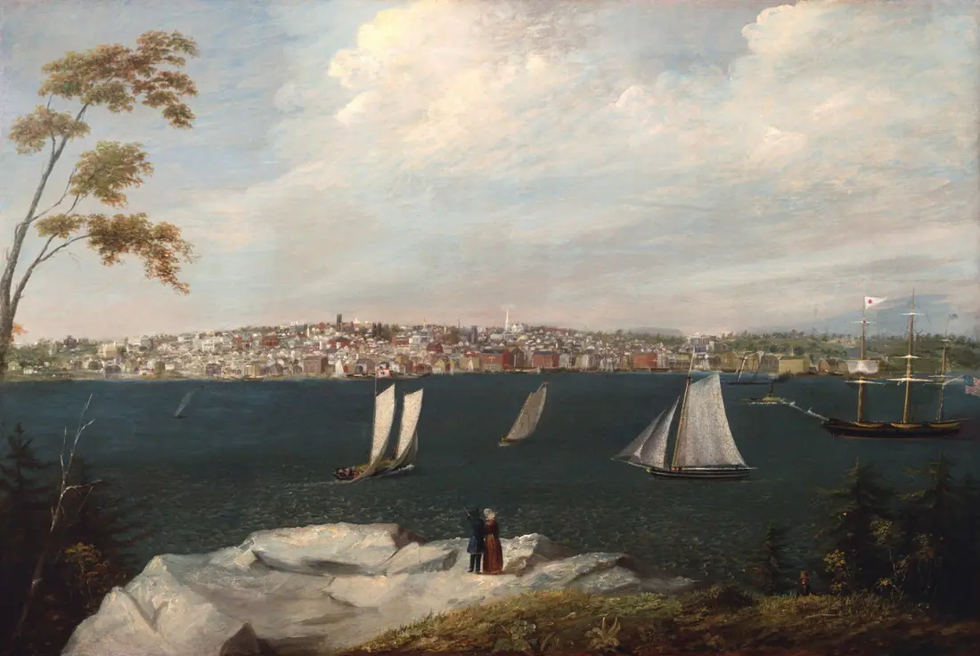 Oil painting of New Bedford harbour seen across the water from Fairhaven, with whaling vessels at anchor.