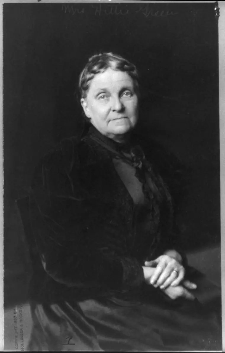 Seated half-length studio portrait of Hetty Green in dark formal dress.