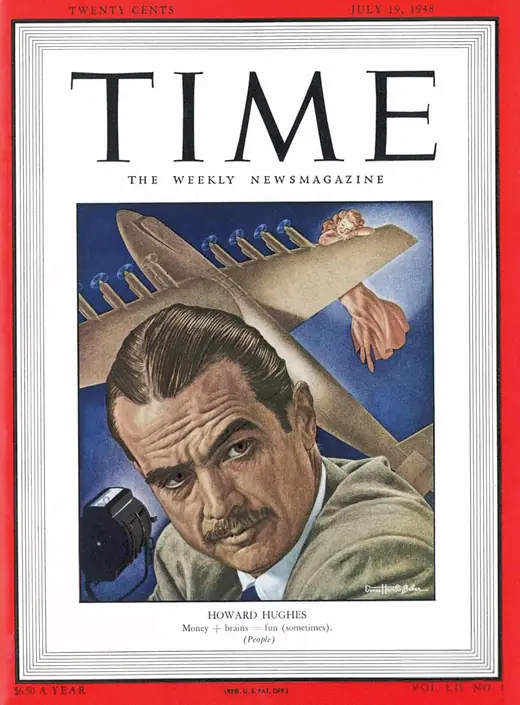 Magazine cover with a painted portrait of a man in a suit set against aircraft imagery and a red border.