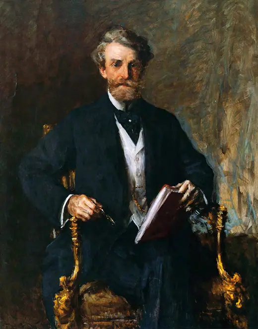 Oil portrait of a white-bearded man in formal dress against a dark ground.