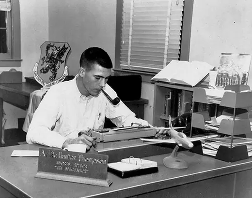 Airman Hunter S. Thompson at his desk as sports editor of the Command Courier at Eglin Air Force Base in 1957.
