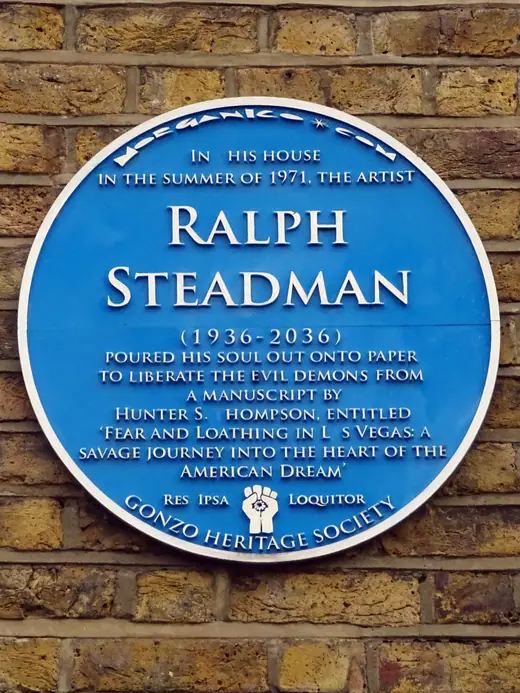 A commemorative plaque in London marking where Ralph Steadman illustrated Fear and Loathing in Las Vegas.