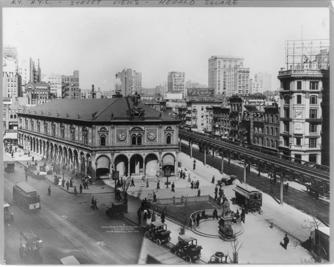 The New York Herald Building and Herald Square in Manhattan, photographed in 1910.