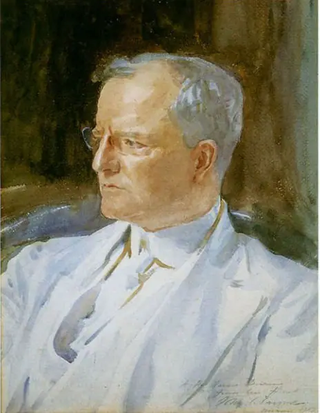 Painted portrait of a seated man in a pale summer suit, one hand resting on his knee.
