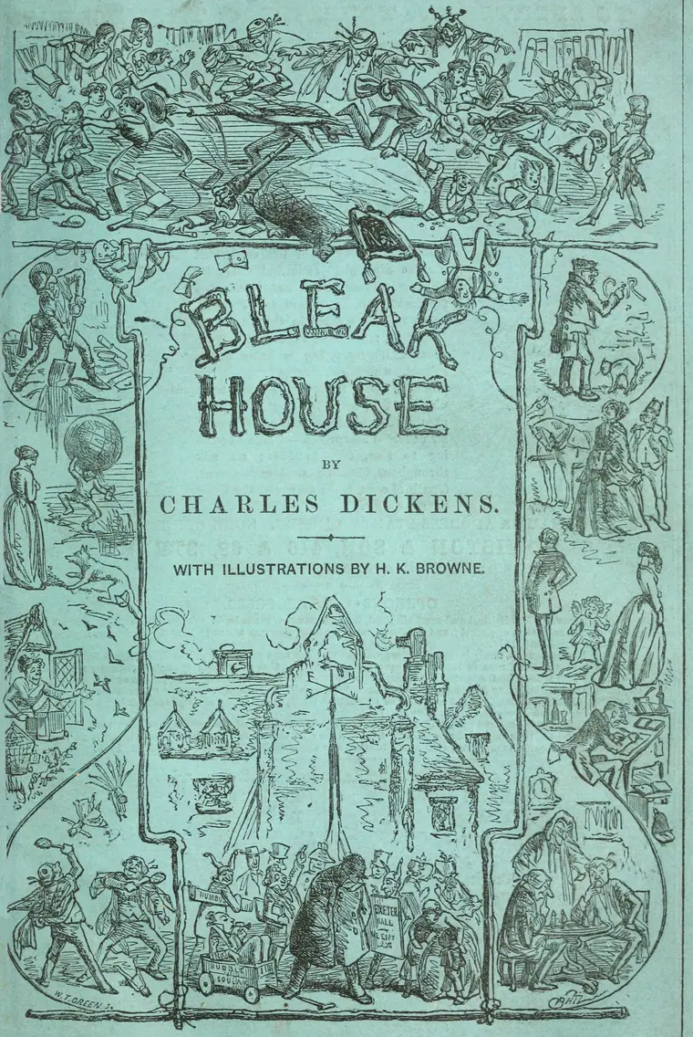 Engraved monthly-part wrapper for Bleak House, a tall panel of vignettes framing the title, drawn in dense Victorian line work.