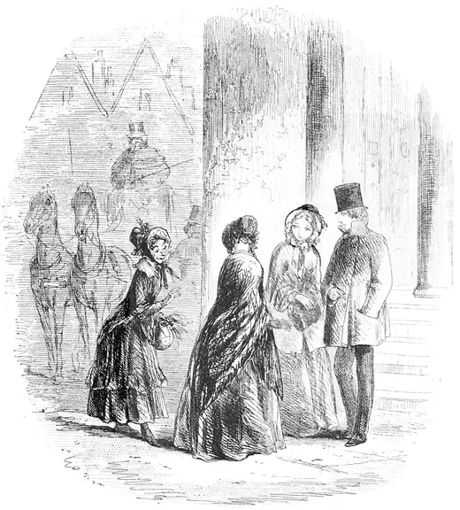 Steel engraving of a small elderly woman in a bonnet holding a reticule, showing her cluttered lodgings and birdcages to three younger visitors.