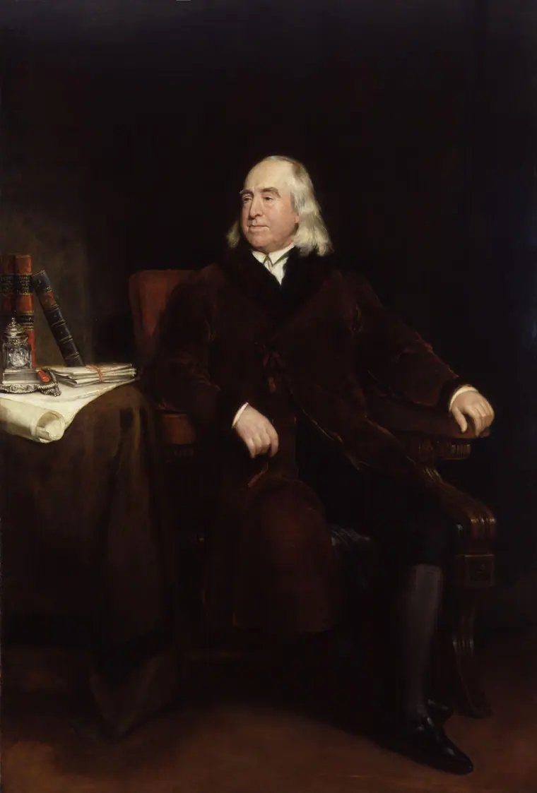 Oil portrait of an elderly man in a dark coat with long white hair, seated with a walking stick.