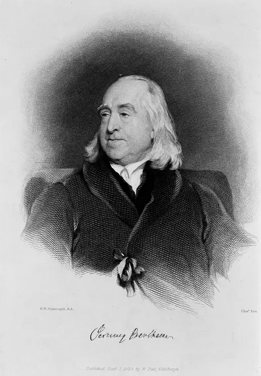 Engraved portrait of Jeremy Bentham after the Pickersgill painting.