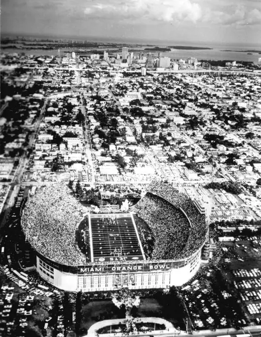 Aerial photograph of the Miami Orange Bowl stadium surrounded by city streets.