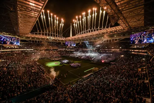 Interior bowl of Hard Rock Stadium filled for a match, seen from the upper deck.
