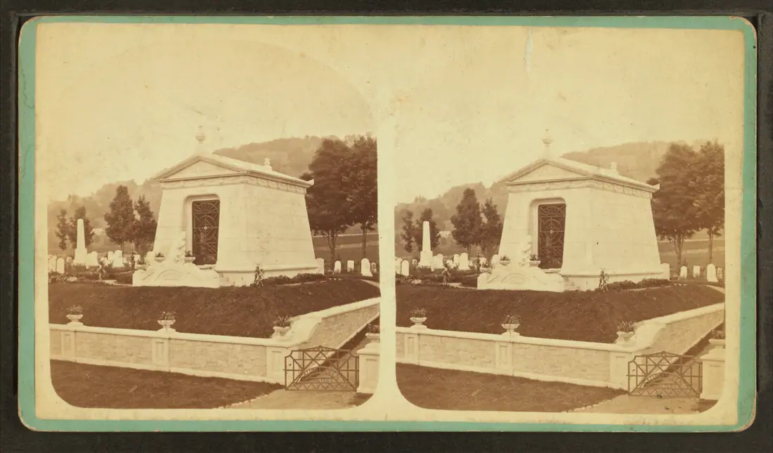 Nineteenth-century stereoscopic view showing the exterior of the Laurel Glen Mausoleum at Cuttingsville, Vermont.