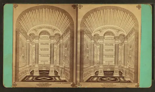 Nineteenth-century stereoscopic view of the marble interior of the Laurel Glen Mausoleum.