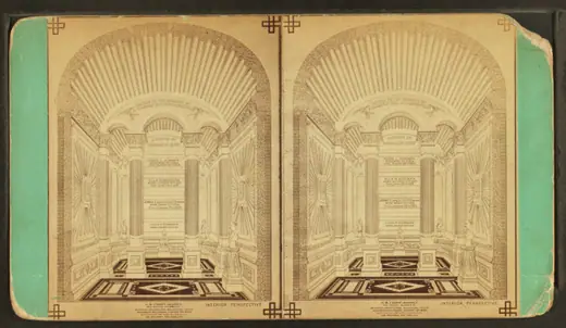 Second nineteenth-century stereoscopic view of the interior of the Laurel Glen Mausoleum, showing statuary and busts.
