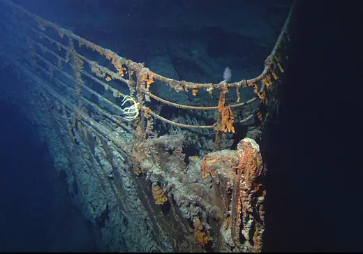 The bow of the wreck of the RMS Titanic on the seabed, photographed in 2004.