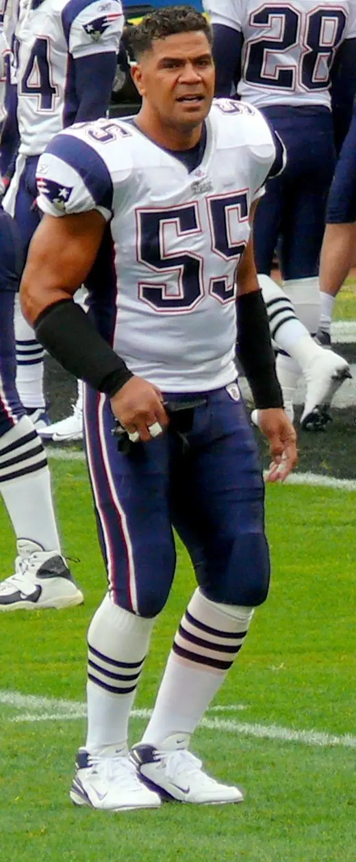 Linebacker Junior Seau in a New England Patriots uniform standing on the field during a game.