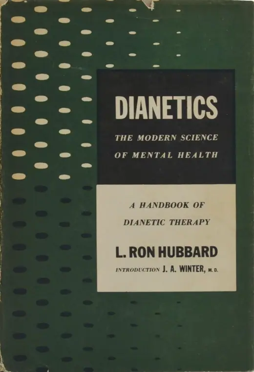 First-edition dust jacket of the 1950 book Dianetics, showing the title and author name.