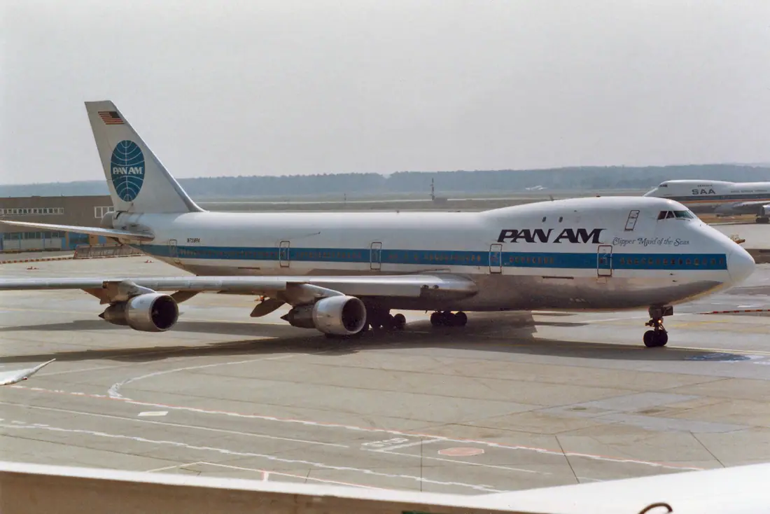 A Pan Am Boeing 747-121, registration N739PA, on the ground at Frankfurt Airport in July 1986.