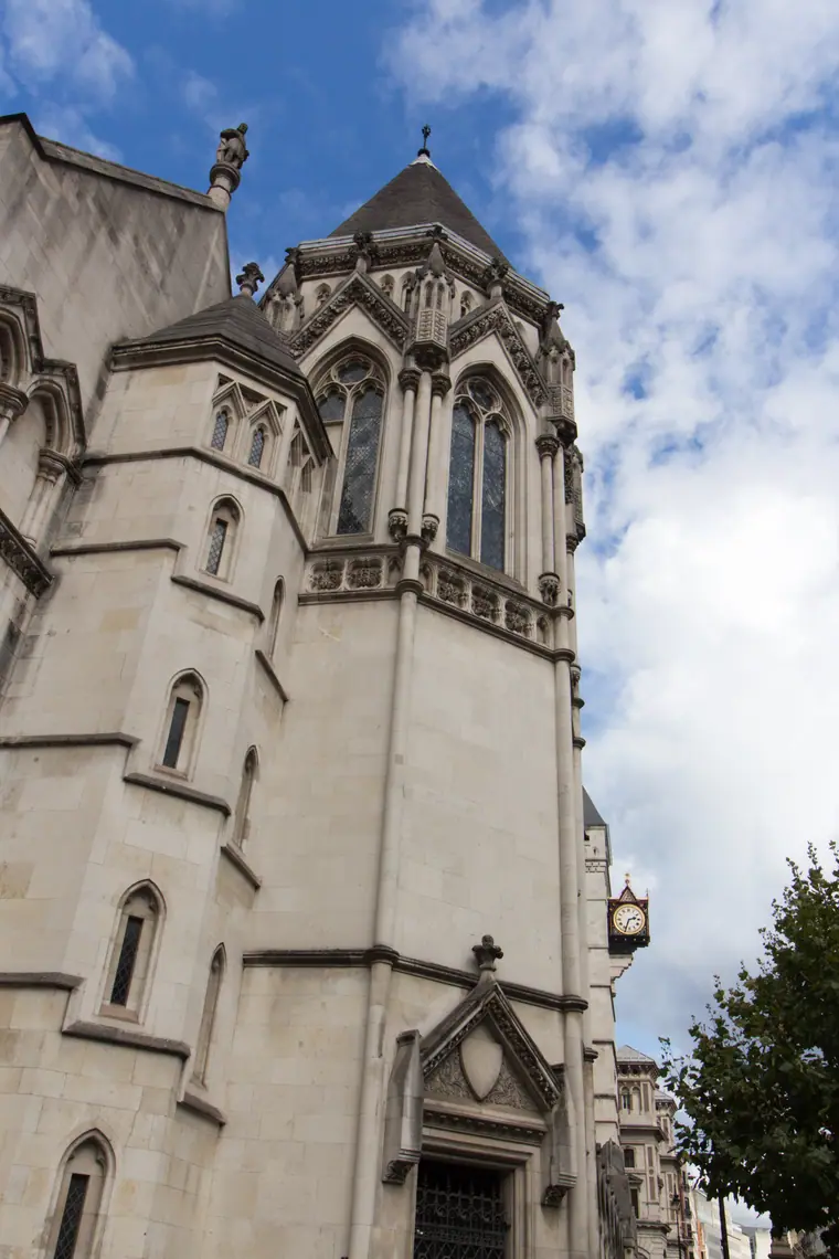 The octagonal Gothic tower beside the main entrance of the Royal Courts of Justice on the Strand, London.