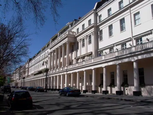 White stucco terraces along Eaton Square in Belgravia, central London.