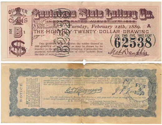 The engraved front and back of an 1889 Louisiana State Lottery quarter-class ticket.