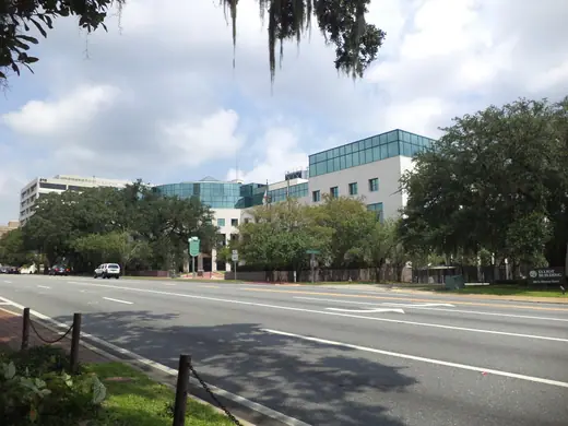 The southwest corner of the Leon County Courthouse, a pale stone civic building with tall windows.