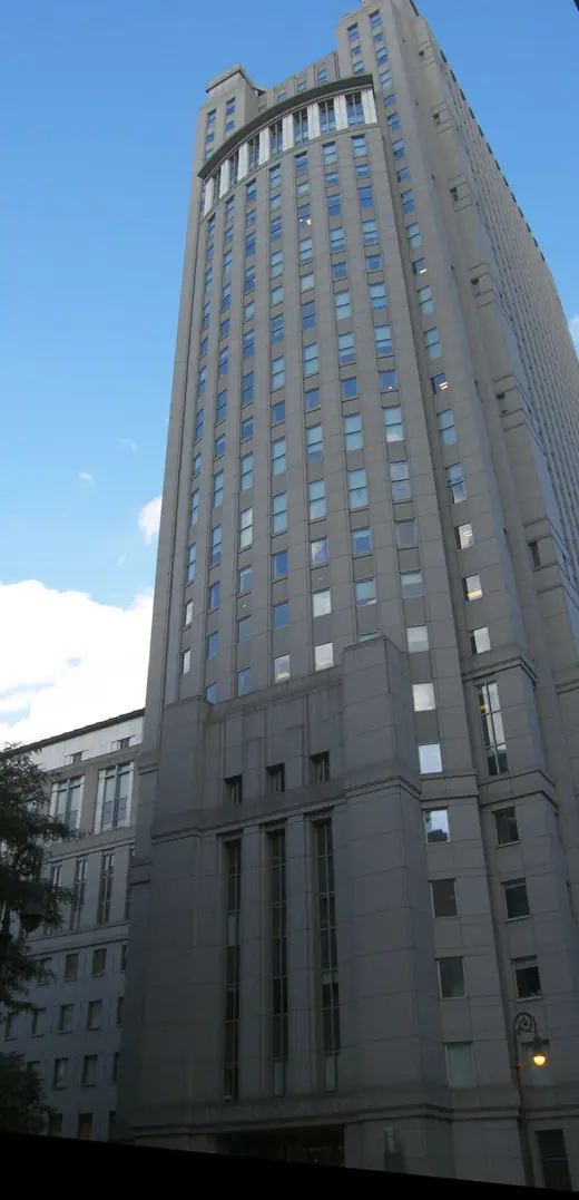 The Daniel Patrick Moynihan United States Courthouse in Lower Manhattan, a tall stone federal building.
