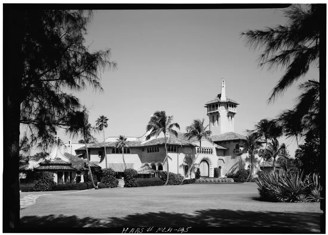 General view of Mar-a-Lago from the southeast, photographed for the Historic American Buildings Survey in April 1967.