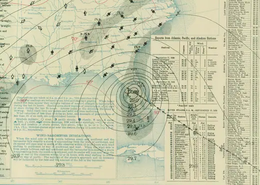 The US daily weather map for September 17, 1928, showing the hurricane over Florida.