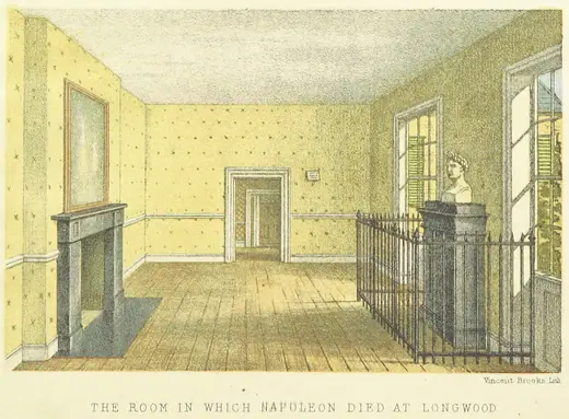 Nineteenth-century engraving of the sparsely furnished room at Longwood House in which Napoleon died.
