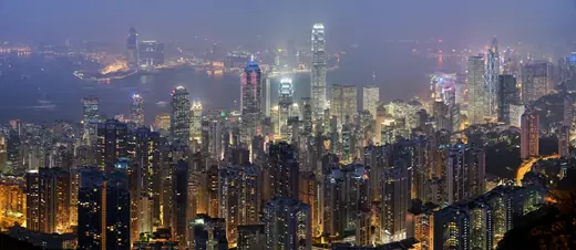 Panoramic view of the Hong Kong skyline and Victoria Harbour seen from Victoria Peak.