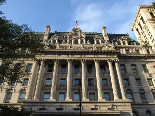 The Beaux Arts facade of the Surrogate's Courthouse, also known as the Hall of Records, at 31 Chambers Street in Manhattan.
