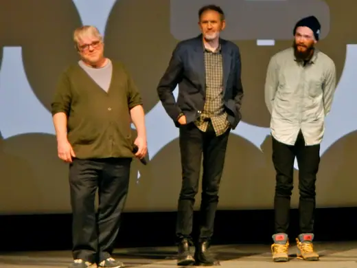 Philip Seymour Hoffman with director Anton Corbijn and actor Grigoriy Dobrygin at the Sundance premiere of A Most Wanted Man.