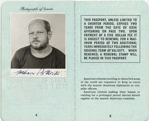 Jackson Pollock's 1955 United States passport, open to the photograph page.