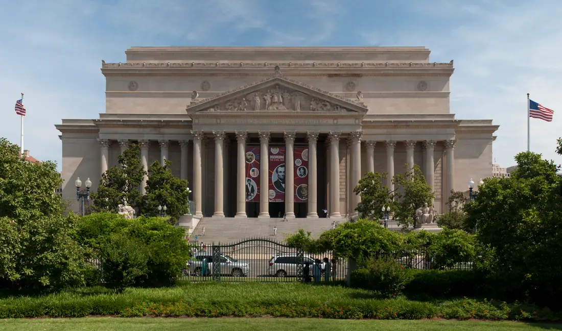 The Corinthian colonnade of the National Archives Building on Constitution Avenue, Washington DC.
