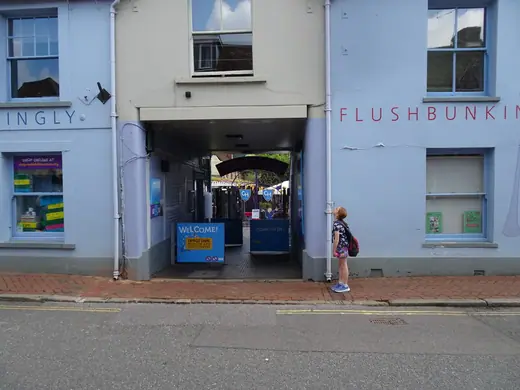 Street view of the Roald Dahl Museum entrance with its painted signage.