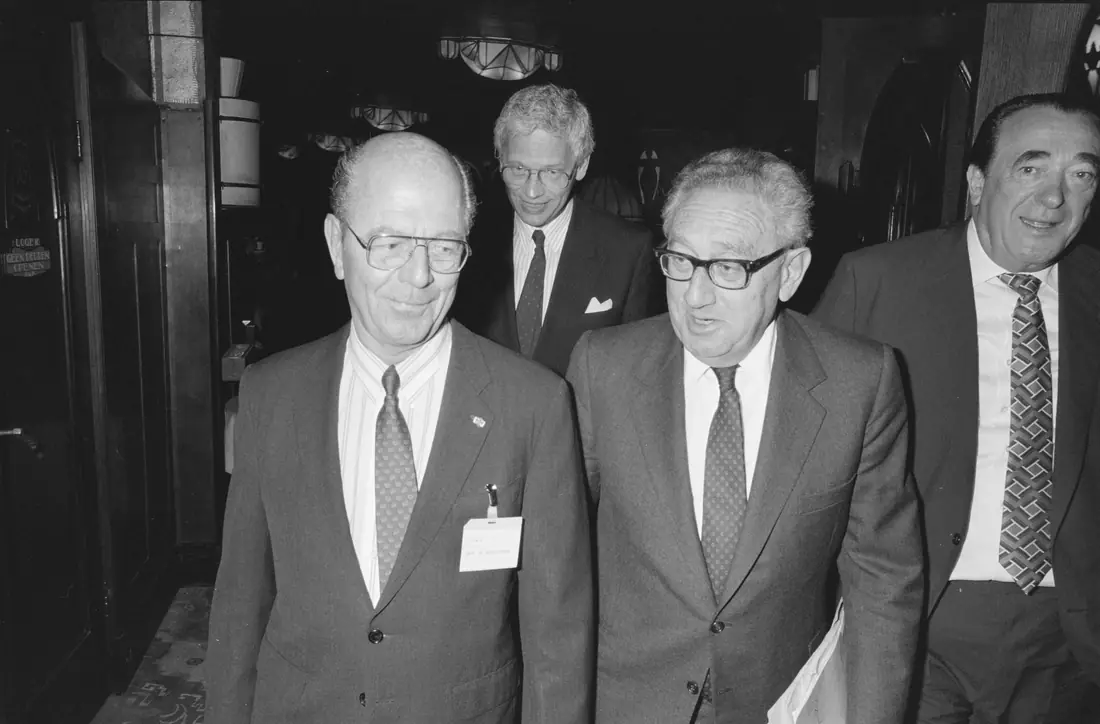 Four men seated on a conference panel in Amsterdam in 1989, Robert Maxwell at the far right.