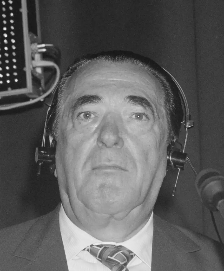 Robert Maxwell photographed at a conference podium in Amsterdam in 1989.