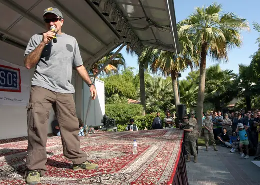 Robin Williams performing at an all-hands gathering aboard Naval Support Activity Bahrain.
