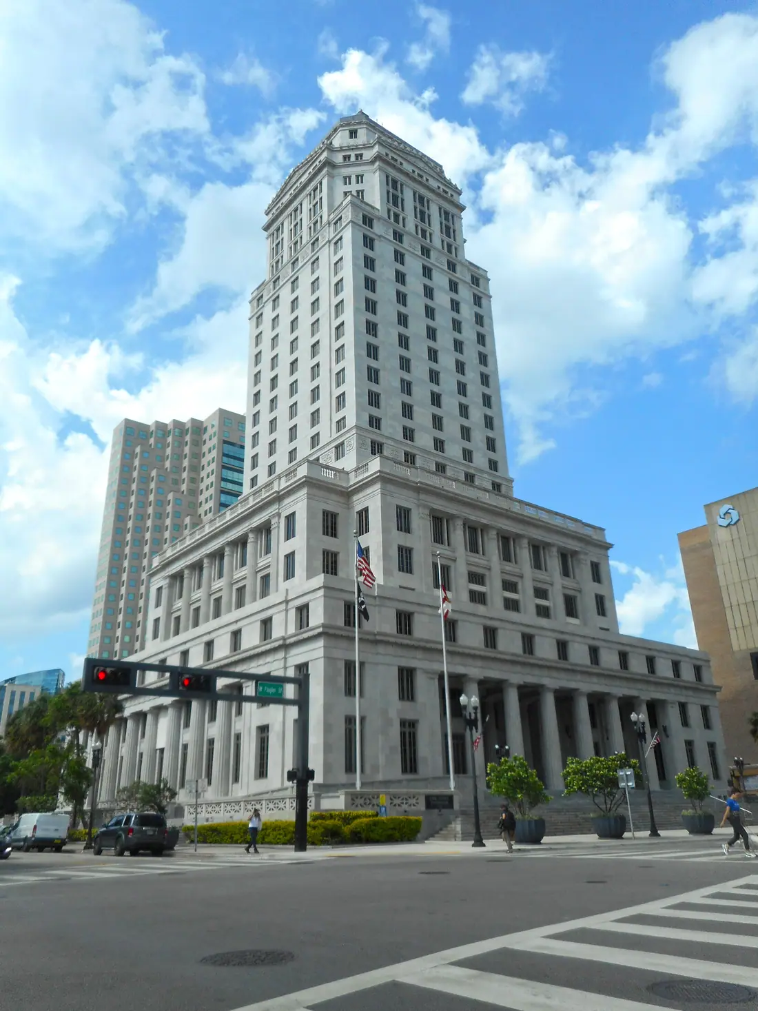 The Miami-Dade County Courthouse viewed from the southwest, its stepped tower rising above surrounding streets.