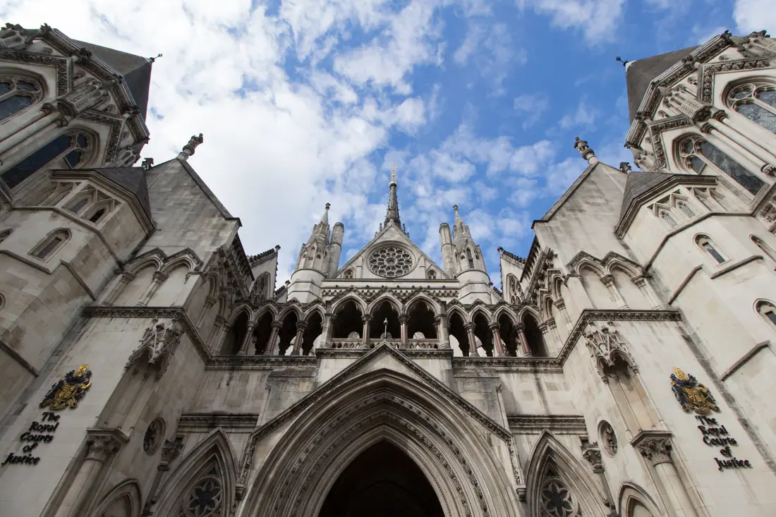 The Gothic Revival facade of the Royal Courts of Justice on the Strand, London.