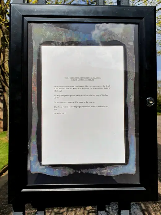 The official notice of Prince Philip's death posted outside the Palace of Holyroodhouse, Edinburgh, on 9 April 2021.