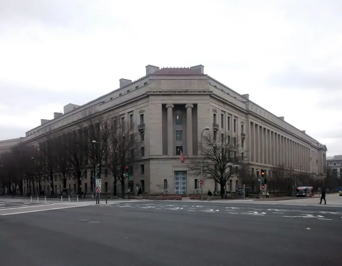 The limestone facade of the Robert F. Kennedy Department of Justice Building in Washington, D.C.