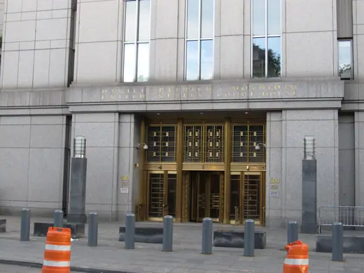 The classical facade and columns of the Daniel Patrick Moynihan United States Courthouse in Manhattan.