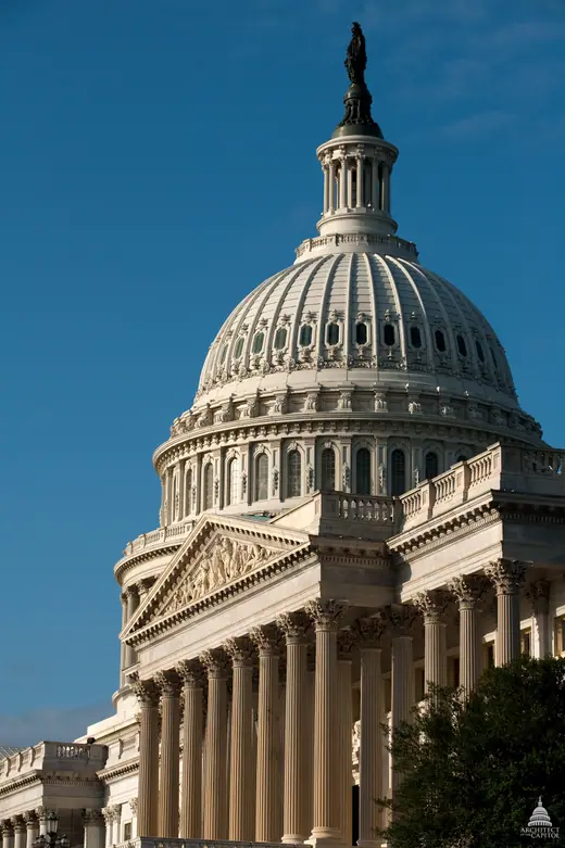 The United States Capitol dome photographed from the plaza below.