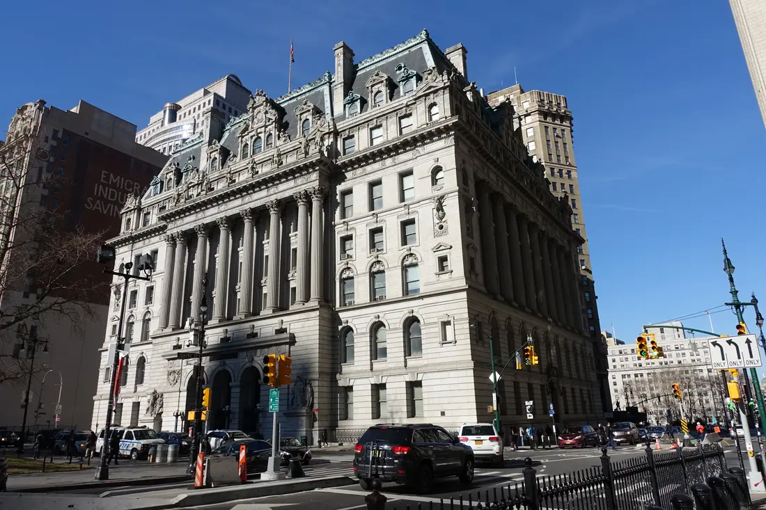 The Beaux-Arts facade of the Surrogate's Courthouse at the corner of Chambers and Centre Streets in Manhattan.