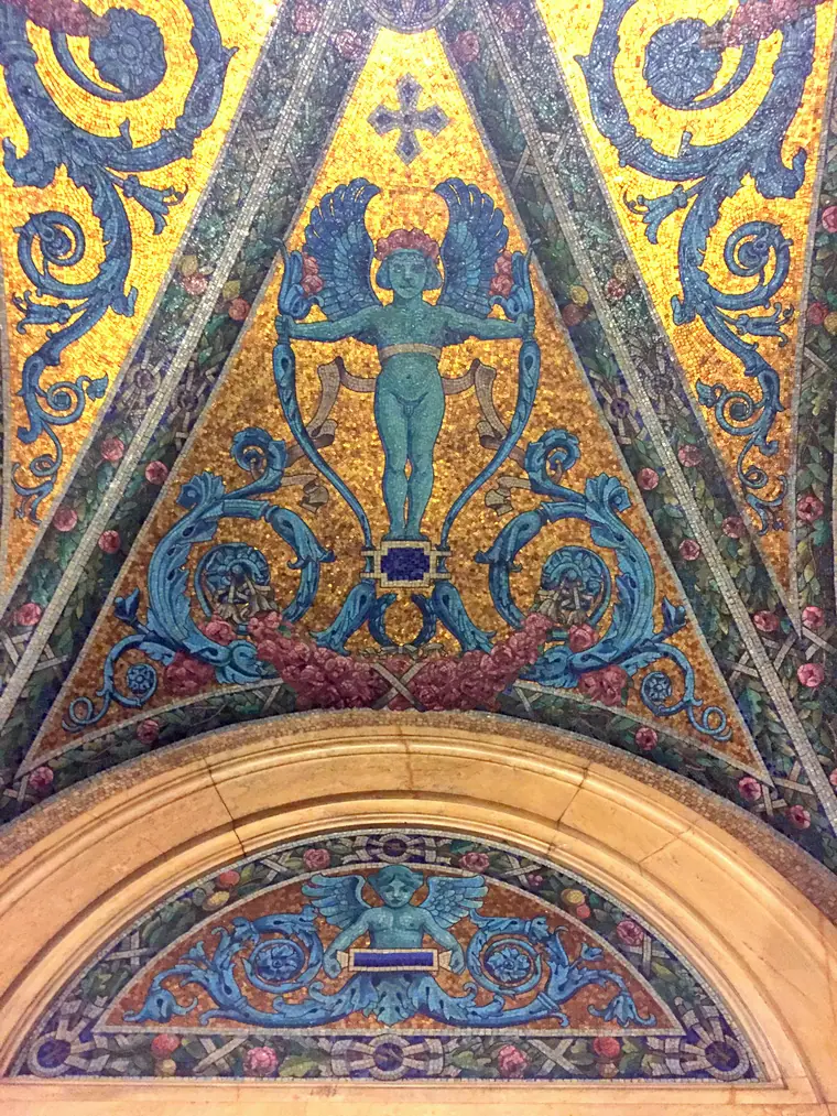 Ornate painted ceiling mural in the lobby of the Surrogate's Courthouse at 31 Chambers Street, Manhattan.