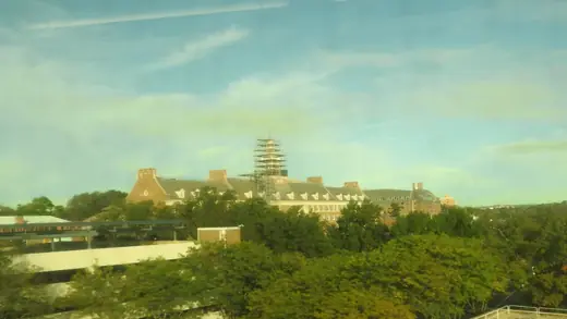 A Johnson & Johnson building in New Brunswick, New Jersey, seen from a passing train.