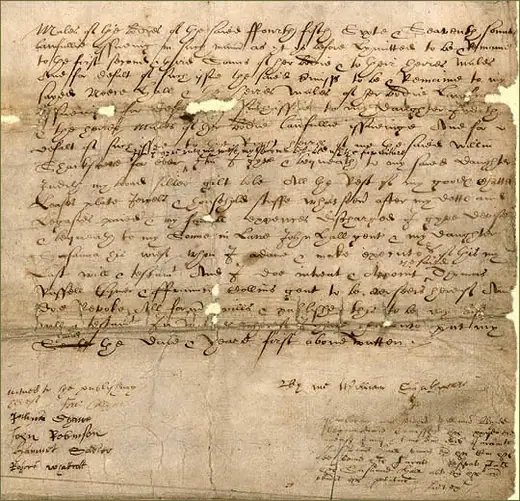 Detail of a handwritten 1616 will on paper, showing interlineated text and a signature.