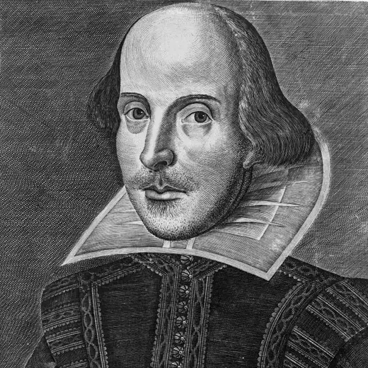 Line engraving of William Shakespeare in a doublet with a large collar, facing the viewer.